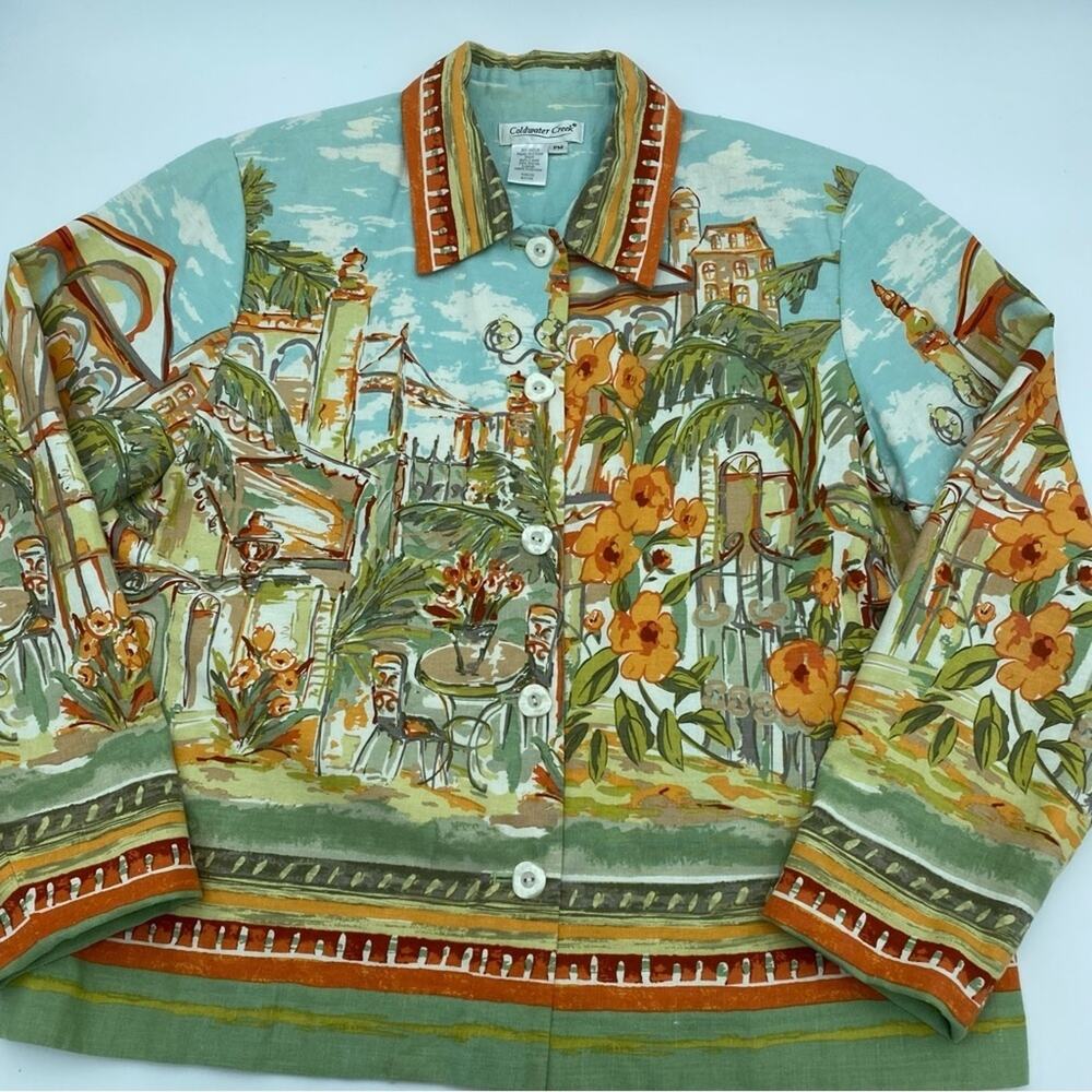 Coldwater Creek‎ Linen Blend LightWeight Jacket Petite Medium Aqua Orange Green